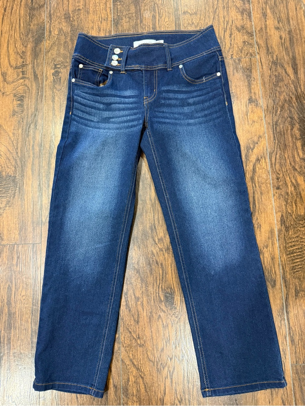 Tahari Premium Denim Jeans, 4P Petite, Triple Button, Straight Leg, Dark Wash